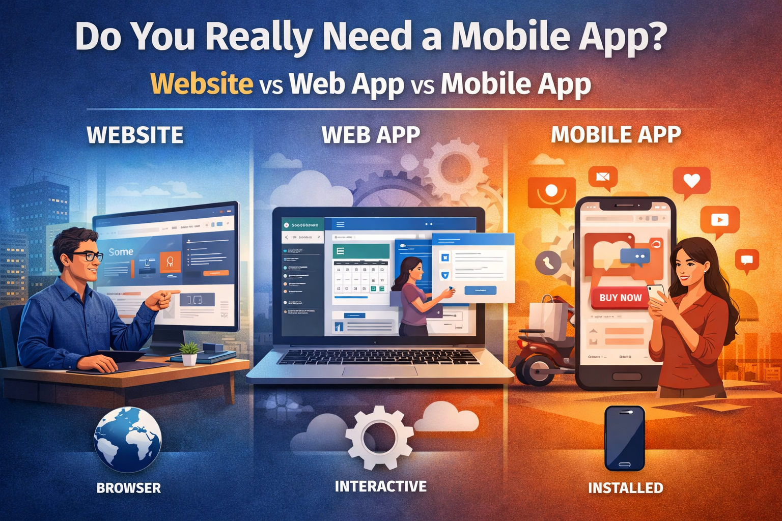 Comparison of website, web app and mobile app for business development